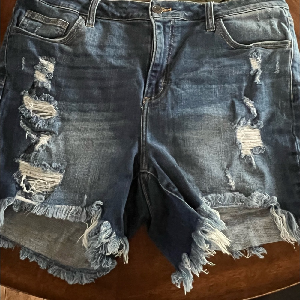 Cello Distressed Dark Blue Frayed Hem Jean Shorts